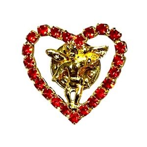 Vintage Angel Heart Brooch Red Rhinestone/Gold